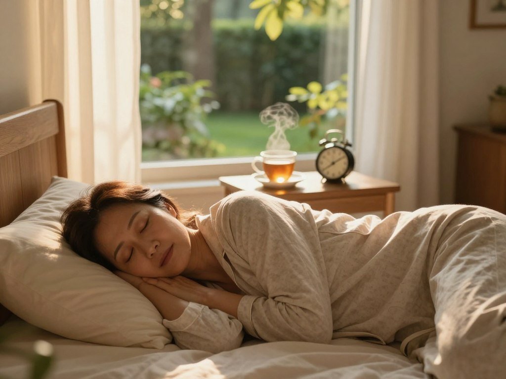A serene bedroom setting at dawn, softly lit with warm, golden sunlight filtering through sheer curtains. In the foreground, a peaceful middle-aged woman in modest, comfortable pajamas is peacefully sleeping on a neatly made bed, showcasing a gentle, healthy glow on her face. In the middle ground, a bedside table holds a steaming cup of herbal tea and a small clock showing early morning hours, emphasizing the importance of relaxation and sleep. In the background, a lush green garden is visible through the window, symbolizing natural vitality and tranquility. The mood is calming and restorative, reflecting the theme of optimizing sleep quality for holistic wellness and natural weight loss. The angle should be slightly elevated, capturing both the warmth of the room and the connection to nature outside. A serene bedroom setting at dawn, softly lit with warm, golden sunlight filtering through sheer curtains. In the foreground, a peaceful middle-aged woman in modest, comfortable pajamas is peacefully sleeping on a neatly made bed, showcasing a gentle, healthy glow on her face. In the middle ground, a bedside table holds a steaming cup of herbal tea and a small clock showing early morning hours, emphasizing the importance of relaxation and sleep. In the background, a lush green garden is visible through the window, symbolizing natural vitality and tranquility. The mood is calming and restorative, reflecting the theme of optimizing sleep quality for holistic wellness and natural weight loss. The angle should be slightly elevated, capturing both the warmth of the room and the connection to nature outside.