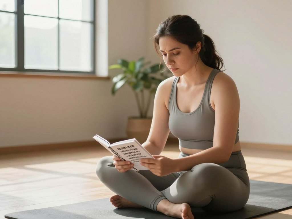 A serene indoor setting focused on a woman in her late 20s, sitting on a yoga mat in a well-lit room with soft, natural light streaming through large windows. She is dressed in modest, casual activewear, showcasing determination and contemplation as she gazes at a journal with motivational quotes. In the background, a potted plant and a calm, neutral-colored wall create a peaceful atmosphere. The camera angle is slightly elevated, capturing her in a moment of reflection, symbolizing her struggle with weight loss and psychological barriers related to PCOS. The warm, inviting lighting enhances the mood of hope and resilience, emphasizing the journey toward overcoming challenges.
