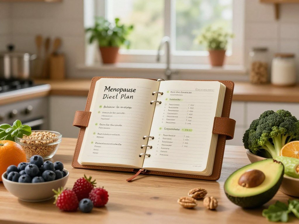 A serene kitchen scene centered around a colorful, healthy diet plan for menopause weight management. In the foreground, a table adorned with vibrant fruits like berries, avocados, and green leafy vegetables, alongside whole grains and nuts, arranged in a visually appealing manner. In the middle, a stylishly designed planner opened to a page filled with balanced meal ideas, illuminated by soft, warm natural light from a nearby window, enhancing the inviting atmosphere. The background features a cozy kitchen setting with potted herbs on the windowsill and muted, earthy tones that add a sense of calm and support. The overall mood is uplifting and encouraging, emphasizing a supportive environment ideal for long-term success in health and wellness. A serene kitchen scene centered around a colorful, healthy diet plan for menopause weight management. In the foreground, a table adorned with vibrant fruits like berries, avocados, and green leafy vegetables, alongside whole grains and nuts, arranged in a visually appealing manner. In the middle, a stylishly designed planner opened to a page filled with balanced meal ideas, illuminated by soft, warm natural light from a nearby window, enhancing the inviting atmosphere. The background features a cozy kitchen setting with potted herbs on the windowsill and muted, earthy tones that add a sense of calm and support. The overall mood is uplifting and encouraging, emphasizing a supportive environment ideal for long-term success in health and wellness.