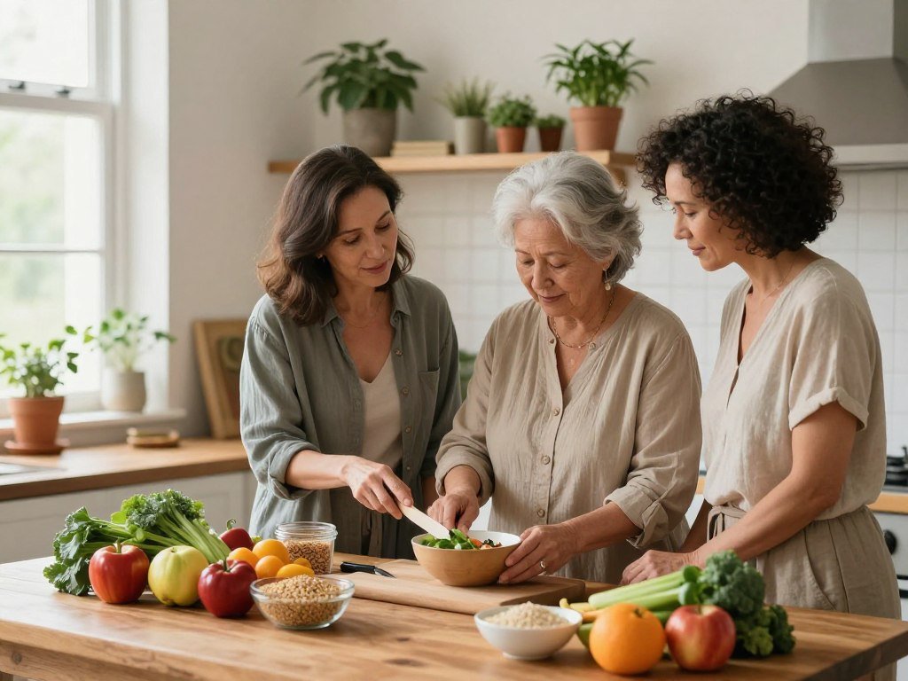 A serene kitchen setting featuring a diverse group of three women in their 40s and 50s, dressed in modest casual clothing, engaged in preparing healthy meal options to support menopause weight loss. In the foreground, a wooden table is adorned with colorful fruits, vegetables, and whole grains, emphasizing nutrition. In the middle, the women are discussing and measuring ingredients, showcasing camaraderie and support. The background features shelves filled with cookbooks and potted herbs, creating a warm and inviting atmosphere. Soft, natural lighting filters through a window, enhancing the sense of well-being and positivity. The composition conveys a sense of empowerment and focus on nutritional adjustments, reflecting a healthy lifestyle during menopause.