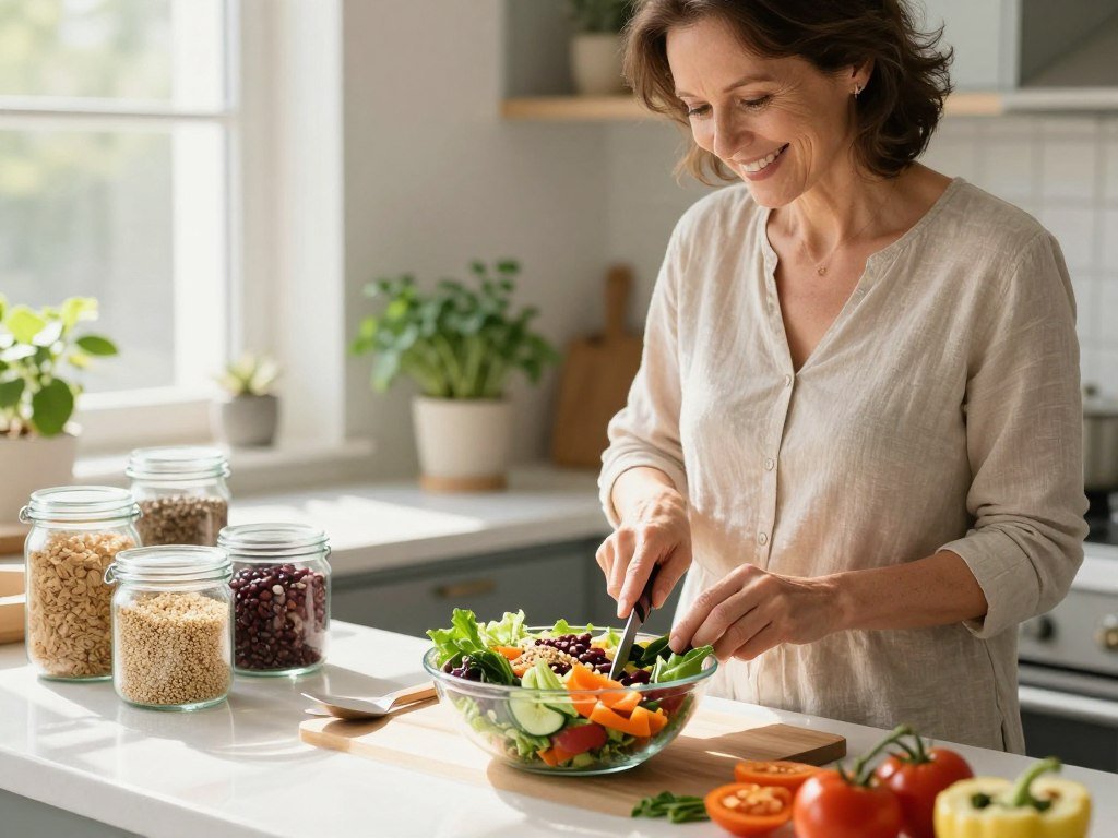 A serene kitchen setting, featuring a middle-aged woman in modest casual clothing, joyfully preparing a colorful, vibrant salad filled with fresh vegetables and high-fiber ingredients like beans and quinoa. In the foreground, she is chopping vegetables with a smile, showcasing her healthy lifestyle. The middle of the scene includes a bright countertop with containers of fiber-rich foods, emphasizing their importance in managing insulin sensitivity. Soft natural light streams in from a window, casting gentle shadows, creating a warm and inviting atmosphere. In the background, a small herb garden adds a touch of greenery, suggesting health and vitality. The overall mood is uplifting and encouraging, reflecting a positive approach to wellness without extreme dieting. A serene kitchen setting, featuring a middle-aged woman in modest casual clothing, joyfully preparing a colorful, vibrant salad filled with fresh vegetables and high-fiber ingredients like beans and quinoa. In the foreground, she is chopping vegetables with a smile, showcasing her healthy lifestyle. The middle of the scene includes a bright countertop with containers of fiber-rich foods, emphasizing their importance in managing insulin sensitivity. Soft natural light streams in from a window, casting gentle shadows, creating a warm and inviting atmosphere. In the background, a small herb garden adds a touch of greenery, suggesting health and vitality. The overall mood is uplifting and encouraging, reflecting a positive approach to wellness without extreme dieting.