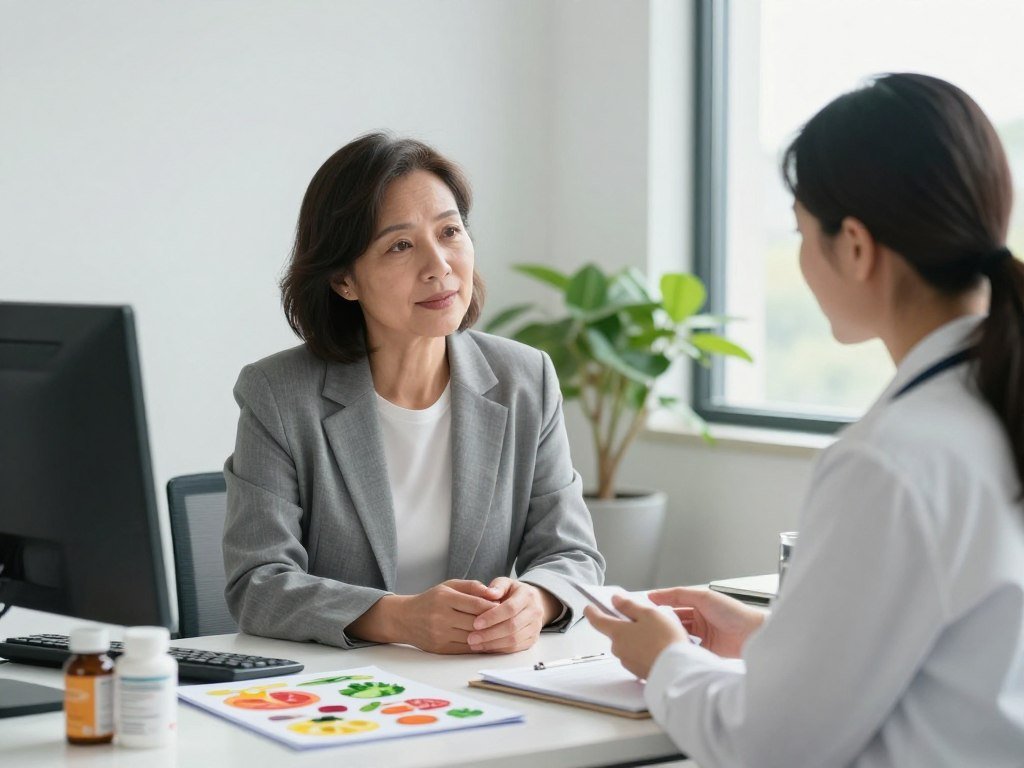A serene, minimalist office environment where a middle-aged woman in professional business attire consults with a healthcare professional, both engaged in a discussion about health supplements for managing menopause-related weight gain. The foreground features a balanced diet chart with vibrant fruits and vegetables, symbolizing healthy eating, and supplement bottles neatly arranged on a desk. In the middle ground, a potted plant adds a touch of greenery, reinforcing a sense of wellness. The background displays soft lighting that evokes a calming atmosphere, with a window showing a bright, sunny day outside. The scene captures the essence of support and guidance in achieving healthy weight loss, with natural hues and a feeling of empowerment. A serene, minimalist office environment where a middle-aged woman in professional business attire consults with a healthcare professional, both engaged in a discussion about health supplements for managing menopause-related weight gain. The foreground features a balanced diet chart with vibrant fruits and vegetables, symbolizing healthy eating, and supplement bottles neatly arranged on a desk. In the middle ground, a potted plant adds a touch of greenery, reinforcing a sense of wellness. The background displays soft lighting that evokes a calming atmosphere, with a window showing a bright, sunny day outside. The scene captures the essence of support and guidance in achieving healthy weight loss, with natural hues and a feeling of empowerment.