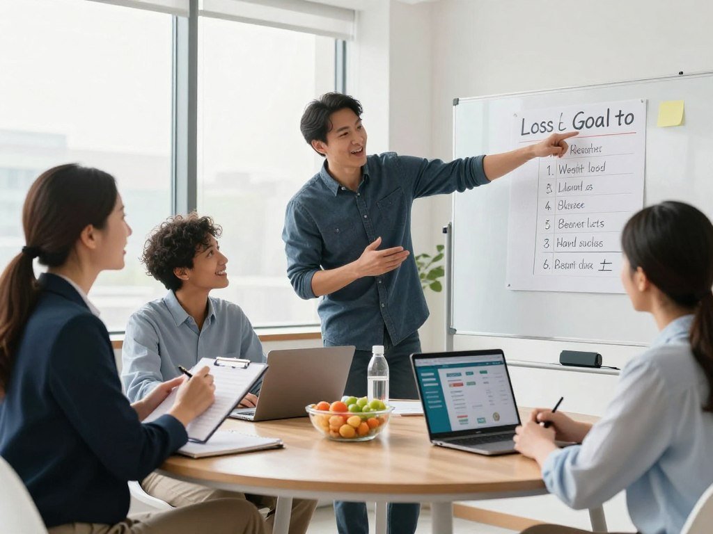 A serene office setting depicting a diverse group of four individuals engaged in a discussion about setting realistic weight loss goals. In the foreground, a woman in professional attire holds a notepad, smiling and taking notes, while a man gestures enthusiastically, pointing to a goal-setting chart on a whiteboard. The middle of the scene shows a round table with healthy snacks, a laptop displaying a weight loss app, and a water bottle, creating a positive atmosphere. The background features soft natural light streaming through large windows, creating an inviting and motivational ambiance. The overall mood is encouraging and focused, highlighting teamwork and dedication toward healthy lifestyle changes.