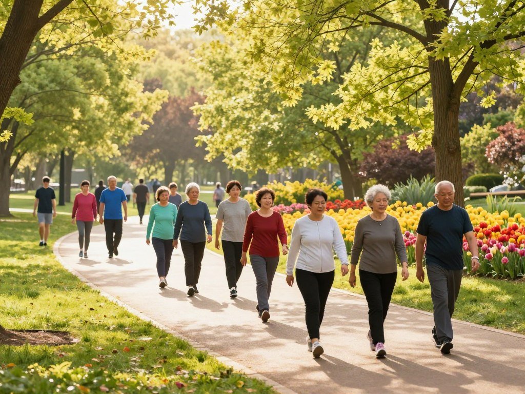A serene park pathway surrounded by vibrant green trees and blooming flowers, illustrating an inviting walking route. In the foreground, a diverse group of individuals dressed in modest athletic wear, representing various ages and backgrounds, enthusiastically engaging in walking activities. The middle ground features a beautiful stretch of the path winding through colorful flora, encouraging viewers to envision their own walking journey. In the background, soft sunlight filters through the leaves, casting gentle shadows and creating a warm, uplifting atmosphere. The image captures a sense of motivation and community, with a focus on the joy of walking for fitness and weight loss, shot with a warm color palette and a slightly wide-angle lens to enhance the inviting feel of the scene. A serene park pathway surrounded by vibrant green trees and blooming flowers, illustrating an inviting walking route. In the foreground, a diverse group of individuals dressed in modest athletic wear, representing various ages and backgrounds, enthusiastically engaging in walking activities. The middle ground features a beautiful stretch of the path winding through colorful flora, encouraging viewers to envision their own walking journey. In the background, soft sunlight filters through the leaves, casting gentle shadows and creating a warm, uplifting atmosphere. The image captures a sense of motivation and community, with a focus on the joy of walking for fitness and weight loss, shot with a warm color palette and a slightly wide-angle lens to enhance the inviting feel of the scene.