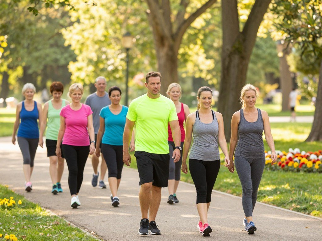 A serene park scene depicting a diverse group of individuals walking for fitness and weight loss in the foreground. One person, a fit man in a bright athletic shirt and shorts, leads the group with a determined expression. Beside him is a woman in breathable leggings and a tank top, smiling as she walks briskly. In the background, trees with green foliage and soft sunlight filtering through create an inviting atmosphere. A path winds through the park, lined with flowers in full bloom. The angle is slightly elevated, capturing depth and giving a sense of community and motivation. Overall, the image should convey a sense of wellness, positivity, and the joy of outdoor exercise, with warm, natural lighting to enhance the uplifting mood. A serene park scene depicting a diverse group of individuals walking for fitness and weight loss in the foreground. One person, a fit man in a bright athletic shirt and shorts, leads the group with a determined expression. Beside him is a woman in breathable leggings and a tank top, smiling as she walks briskly. In the background, trees with green foliage and soft sunlight filtering through create an inviting atmosphere. A path winds through the park, lined with flowers in full bloom. The angle is slightly elevated, capturing depth and giving a sense of community and motivation. Overall, the image should convey a sense of wellness, positivity, and the joy of outdoor exercise, with warm, natural lighting to enhance the uplifting mood.