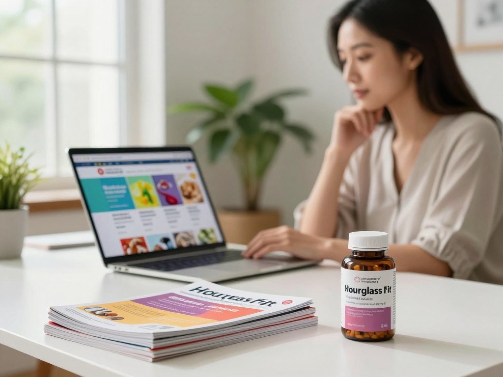 A serene, well-lit workspace featuring a modern desk with a sleek laptop open to a colorful webpage showcasing diverse weight loss pill reviews. In the foreground, a neatly arranged stack of health magazines with vibrant covers on the left, and a bottle labeled "Hourglass Fit" prominently displayed on the right. The middle section captures a thoughtful professional woman in modest casual attire, deeply engaged in reading the reviews, portraying focus and concentration. The background features soft-focus indoor plants, emphasizing a calm and healthy environment. Natural light streams through a large window, creating an inviting atmosphere that symbolizes wellness and balance. The overall mood is positive and encouraging, embodying the journey of healthy weight management. A serene, well-lit workspace featuring a modern desk with a sleek laptop open to a colorful webpage showcasing diverse weight loss pill reviews. In the foreground, a neatly arranged stack of health magazines with vibrant covers on the left, and a bottle labeled "Hourglass Fit" prominently displayed on the right. The middle section captures a thoughtful professional woman in modest casual attire, deeply engaged in reading the reviews, portraying focus and concentration. The background features soft-focus indoor plants, emphasizing a calm and healthy environment. Natural light streams through a large window, creating an inviting atmosphere that symbolizes wellness and balance. The overall mood is positive and encouraging, embodying the journey of healthy weight management.