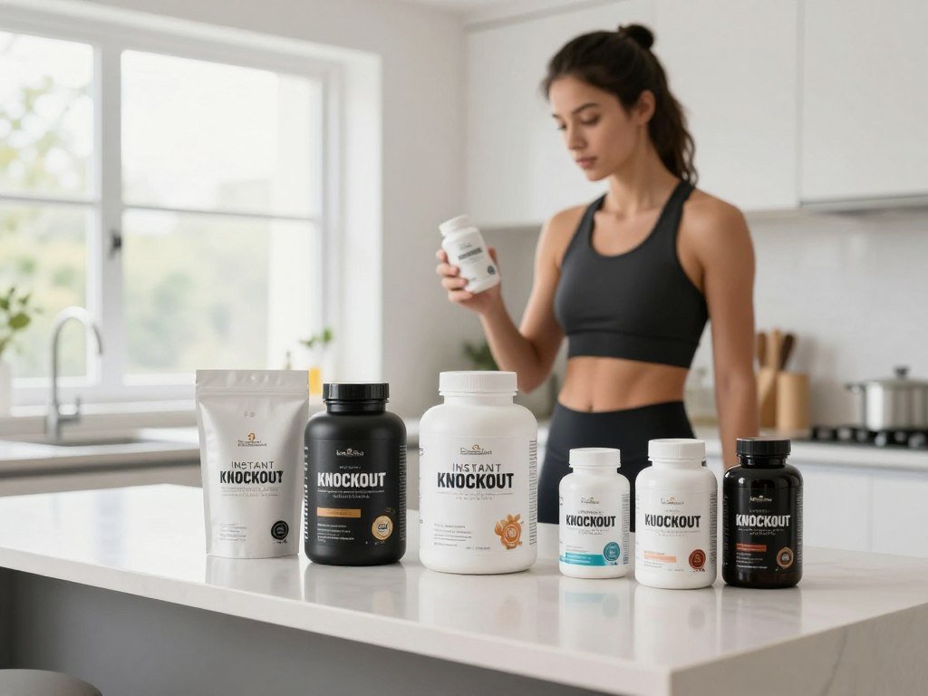 A sleek, modern kitchen countertop as the foreground, featuring an array of popular weight loss supplement products, including Instant Knockout, displayed attractively with elegant, minimalist packaging. In the middle ground, there is a fit person in professional athletic clothing, confidently examining one of the supplements, emphasizing a sense of vitality and health. The background showcases a bright, airy kitchen with large windows allowing natural light to flood in, enhancing the overall freshness and energy of the scene. The lighting is soft yet bright, creating a vibrant atmosphere. The camera angle is slightly elevated, capturing the products and the person from an appealing perspective that conveys motivation and strength. The mood is inspiring and health-focused, perfect for a wellness-themed article. A sleek, modern kitchen countertop as the foreground, featuring an array of popular weight loss supplement products, including Instant Knockout, displayed attractively with elegant, minimalist packaging. In the middle ground, there is a fit person in professional athletic clothing, confidently examining one of the supplements, emphasizing a sense of vitality and health. The background showcases a bright, airy kitchen with large windows allowing natural light to flood in, enhancing the overall freshness and energy of the scene. The lighting is soft yet bright, creating a vibrant atmosphere. The camera angle is slightly elevated, capturing the products and the person from an appealing perspective that conveys motivation and strength. The mood is inspiring and health-focused, perfect for a wellness-themed article.