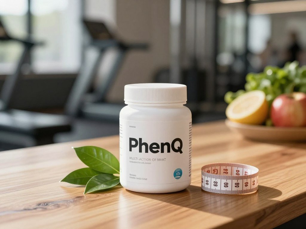 A sleek, modern product display featuring PhenQ, a multi-action fat burner, as the focal point. The foreground showcases a stylish, white ergonomic container of PhenQ with its logo prominently displayed, surrounded by a few vibrant green leaves and a measuring tape coiled elegantly beside it to signify health and fitness. In the middle ground, a clean, wooden table emphasizes the product's natural essence, reflecting soft sunlight that highlights the container's sleek design. The background consists of blurred gym equipment and healthy food options, subtly suggesting a lifestyle of fitness. The overall mood is energizing and motivational, with warm lighting enhancing the inviting atmosphere of a wellness journey. A sleek, modern product display featuring PhenQ, a multi-action fat burner, as the focal point. The foreground showcases a stylish, white ergonomic container of PhenQ with its logo prominently displayed, surrounded by a few vibrant green leaves and a measuring tape coiled elegantly beside it to signify health and fitness. In the middle ground, a clean, wooden table emphasizes the product's natural essence, reflecting soft sunlight that highlights the container's sleek design. The background consists of blurred gym equipment and healthy food options, subtly suggesting a lifestyle of fitness. The overall mood is energizing and motivational, with warm lighting enhancing the inviting atmosphere of a wellness journey.