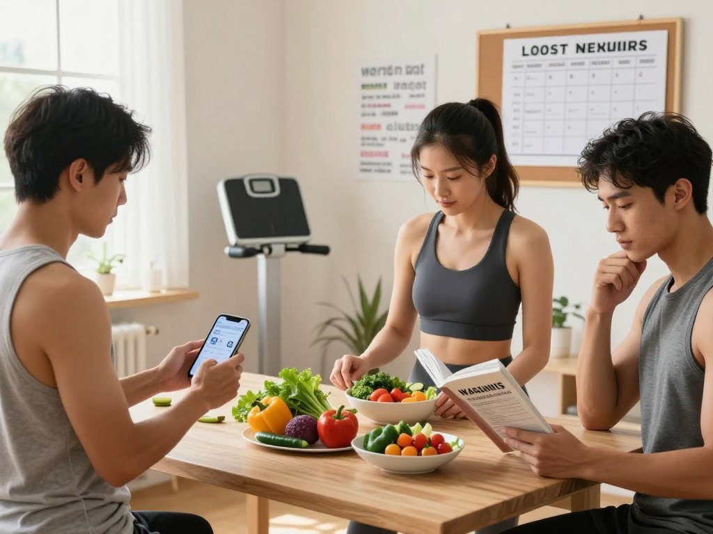A tranquil yet energetic room designed for fitness and wellness. In the foreground, a diverse group of three individuals in professional workout clothing are engaging with various weight loss strategies. One person is calculating calories on a digital app while another is preparing a meal using fresh vegetables and balanced ingredients, symbolizing mindful eating. The third person is reading a weight loss guide, looking thoughtful. In the middle ground, a weight scale and a bulletin board filled with motivational quotes and a weekly meal plan reflect the journey of weight loss. The background features soft natural lighting coming through a large window, creating a warm and inviting atmosphere. The image conveys determination and hope amidst challenges, emphasizing the idea of overcoming plateaus in weight loss.