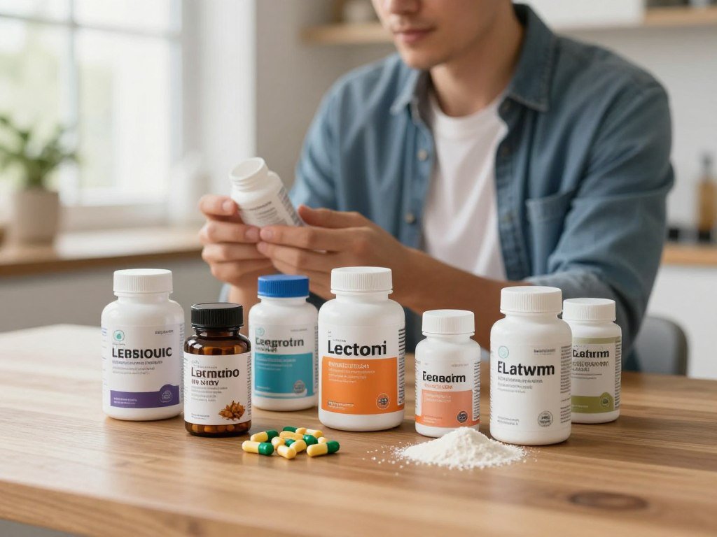A variety of weight loss supplements displayed aesthetically on a wooden table. In the foreground, vibrant capsules, bottles, and powdered supplements are arranged artistically, emphasizing their shapes and labels in a professional manner. In the middle ground, a health-conscious individual in smart casual clothing interacts with the products, examining one bottle thoughtfully. The background features a soft-focus modern kitchen setting with natural light filtering through a window, creating a warm and inviting atmosphere. The mood conveys a sense of positivity and motivation towards healthy living. Aim for a clear, high-resolution image with a slight depth of field to enhance the focus on the supplements. A variety of weight loss supplements displayed aesthetically on a wooden table. In the foreground, vibrant capsules, bottles, and powdered supplements are arranged artistically, emphasizing their shapes and labels in a professional manner. In the middle ground, a health-conscious individual in smart casual clothing interacts with the products, examining one bottle thoughtfully. The background features a soft-focus modern kitchen setting with natural light filtering through a window, creating a warm and inviting atmosphere. The mood conveys a sense of positivity and motivation towards healthy living. Aim for a clear, high-resolution image with a slight depth of field to enhance the focus on the supplements.