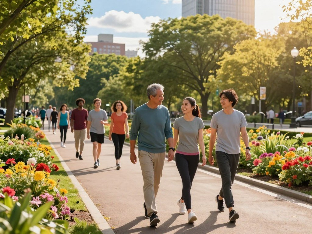 A vibrant and inviting scene featuring a diverse group of individuals walking outdoors in a city park, emphasizing effective walking plans for busy schedules. In the foreground, a middle-aged man in smart casual attire and a young woman in comfortable athletic wear are happily walking together, discussing their fitness goals. The middle ground showcases a clear walking path flanked by lush greenery and colorful flower beds, with the sun casting warm, golden light on the scene. In the background, tall trees and city buildings can be seen, hinting at a vibrant urban environment. The atmosphere is positive and motivating, capturing the essence of community and wellness, with a bright blue sky overhead and fluffy clouds adding to the serene yet energetic mood. The angle is slightly elevated, providing a broad view of the path and participants without any text or distractions. A vibrant and inviting scene featuring a diverse group of individuals walking outdoors in a city park, emphasizing effective walking plans for busy schedules. In the foreground, a middle-aged man in smart casual attire and a young woman in comfortable athletic wear are happily walking together, discussing their fitness goals. The middle ground showcases a clear walking path flanked by lush greenery and colorful flower beds, with the sun casting warm, golden light on the scene. In the background, tall trees and city buildings can be seen, hinting at a vibrant urban environment. The atmosphere is positive and motivating, capturing the essence of community and wellness, with a bright blue sky overhead and fluffy clouds adding to the serene yet energetic mood. The angle is slightly elevated, providing a broad view of the path and participants without any text or distractions.