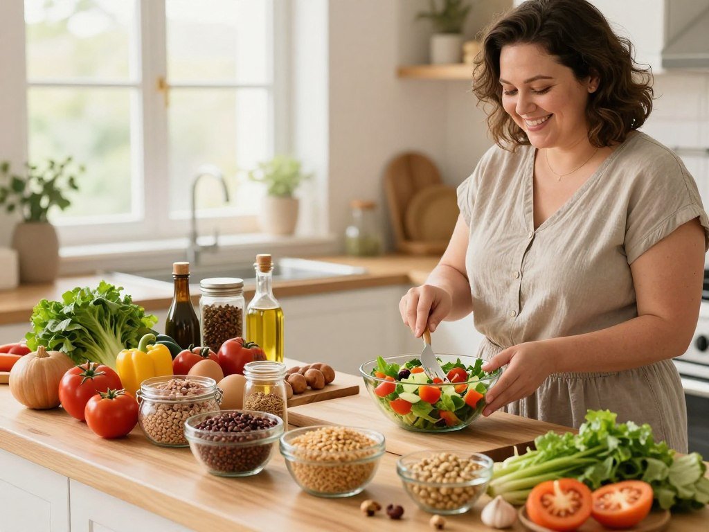 A vibrant, inviting kitchen scene featuring a diverse array of healthy foods, including fresh vegetables, whole grains, lean proteins, and nuts, arranged artistically on a wooden countertop. In the foreground, a woman in a modest, casual outfit is preparing a colorful salad, with a joyful expression, embodying a sense of empowerment and wellness. In the middle, jars of spices and oils are displayed, suggesting a variety of flavorful cooking options. The background reveals soft, natural lighting coming through a window, creating a warm and inviting atmosphere. The overall mood is one of positivity and health, inspiring viewers to embrace nutritional strategies for managing PCOS and supporting weight loss efforts.