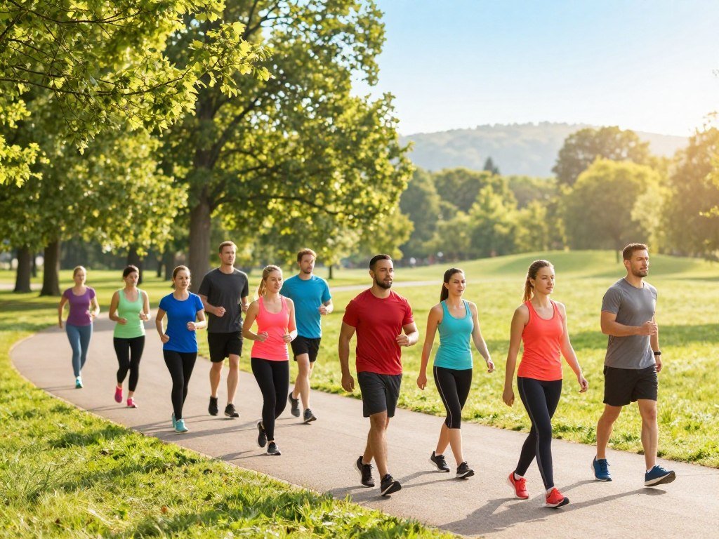 A vibrant scene depicting a group of individuals engaged in an intermediate walking exercise routine in a scenic park. In the foreground, a diverse set of men and women in comfortable athletic wear are interspersed; their expressions demonstrate focus and determination as they stride along a well-marked path. The middle ground features trees with lush green foliage and morning sunlight filtering through, creating a bright, energizing atmosphere. In the background, there are rolling hills and a clear blue sky, enhancing the feeling of openness and positivity. The lighting is soft but bright, capturing the essence of a sunny day. The angle is slightly elevated, providing a comprehensive view of the walking group and natural environment, emphasizing the theme of fitness and health. A vibrant scene depicting a group of individuals engaged in an intermediate walking exercise routine in a scenic park. In the foreground, a diverse set of men and women in comfortable athletic wear are interspersed; their expressions demonstrate focus and determination as they stride along a well-marked path. The middle ground features trees with lush green foliage and morning sunlight filtering through, creating a bright, energizing atmosphere. In the background, there are rolling hills and a clear blue sky, enhancing the feeling of openness and positivity. The lighting is soft but bright, capturing the essence of a sunny day. The angle is slightly elevated, providing a comprehensive view of the walking group and natural environment, emphasizing the theme of fitness and health.