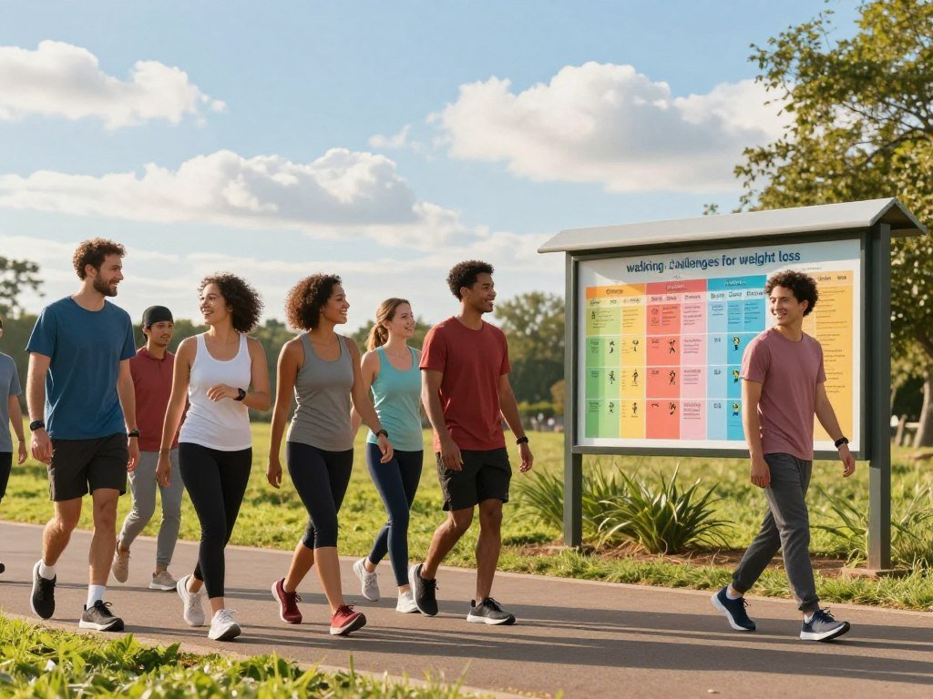 A vibrant scene illustrating the concept of "walking challenges for weight loss." In the foreground, a diverse group of individuals in modest activewear is joyfully strolling along a scenic path lined with greenery. They are in various stages of their walks, tracking their steps with fitness watches and smiling as they engage in friendly conversation. In the middle ground, a colorful chart on a nearby park bulletin board showcases different walking challenges, with icons representing distance milestones. The background features a bright, sunny day with blue skies and fluffy white clouds, enhancing the uplifting atmosphere. The lighting is warm and cheerful, casting soft shadows that suggest early morning or late afternoon. The angle captures the energy and camaraderie of the walkers, evoking a sense of motivation and community. A vibrant scene illustrating the concept of "walking challenges for weight loss." In the foreground, a diverse group of individuals in modest activewear is joyfully strolling along a scenic path lined with greenery. They are in various stages of their walks, tracking their steps with fitness watches and smiling as they engage in friendly conversation. In the middle ground, a colorful chart on a nearby park bulletin board showcases different walking challenges, with icons representing distance milestones. The background features a bright, sunny day with blue skies and fluffy white clouds, enhancing the uplifting atmosphere. The lighting is warm and cheerful, casting soft shadows that suggest early morning or late afternoon. The angle captures the energy and camaraderie of the walkers, evoking a sense of motivation and community.