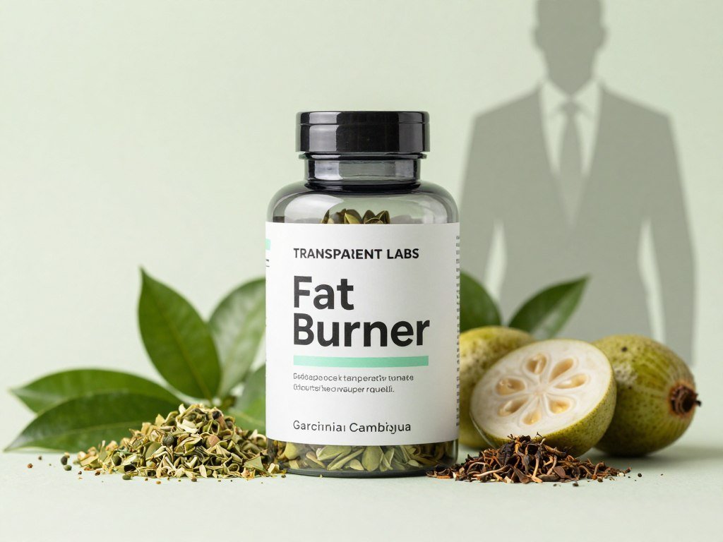 A visually striking composition focused on a premium bottle of Transparent Labs Fat Burner positioned prominently in the foreground. The bottle should be sleek and modern with a transparent label showcasing a clean, minimalist design. Surrounding the bottle, a selection of high-quality, natural ingredients like green tea extract, and Garcinia Cambogia is artfully arranged to emphasize clean label transparency. In the middle ground, soft, diffused lighting creates an inviting atmosphere, enhancing the vibrant colors of the ingredients and the label. In the background, a faint silhouette of a fit individual in professional business attire is gently blurred, suggesting a focus on health and wellness without detracting from the main subject. The overall mood is motivating and professional, ideal for an informative weight loss product review. A visually striking composition focused on a premium bottle of Transparent Labs Fat Burner positioned prominently in the foreground. The bottle should be sleek and modern with a transparent label showcasing a clean, minimalist design. Surrounding the bottle, a selection of high-quality, natural ingredients like green tea extract, and Garcinia Cambogia is artfully arranged to emphasize clean label transparency. In the middle ground, soft, diffused lighting creates an inviting atmosphere, enhancing the vibrant colors of the ingredients and the label. In the background, a faint silhouette of a fit individual in professional business attire is gently blurred, suggesting a focus on health and wellness without detracting from the main subject. The overall mood is motivating and professional, ideal for an informative weight loss product review.