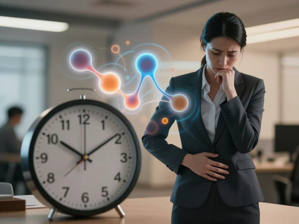 A visually striking depiction of the relationship between cortisol, stress, and belly fat. In the foreground, a round clock representing time and stress, partially obscured by a silhouette of a woman in professional attire, looking contemplative as she touches her abdomen. The middle ground features an abstract representation of cortisol molecules, symbolizing stress, swirling around her in soft, glowing blue and orange hues. In the background, a blurred office environment with warm lighting, suggesting a busy, hectic atmosphere. The scene conveys a sense of tension but also resilience, with a gentle focus and a shallow depth of field to emphasize the foreground elements. The mood is introspective and thought-provoking, evoking the interplay between mental and physical health.
