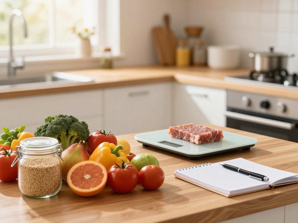 A well-organized kitchen setting with a focus on meal prep for weight loss. In the foreground, a wooden countertop featuring a colorful array of fresh fruits and vegetables, neatly arranged alongside a glass jar filled with quinoa. To the side, a digital scale and a notebook with a pen, symbolizing calorie counting and planning. In the middle ground, a small, stylish kitchen scale balances a portion of lean protein. The background shows a bright, welcoming kitchen space with sunlight streaming in through a window, creating a warm, motivating atmosphere. The overall mood is encouraging and vibrant, reflecting sustainable habits for long-term weight loss success. The image uses soft lighting to emphasize freshness and health.