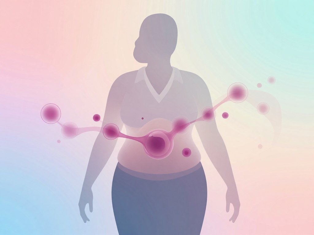 An abstract visualization illustrating the hormonal changes associated with menopause and their impact on weight gain. In the foreground, a stylized human silhouette, dressed in professional business attire, shows the curvature of the body to represent fat distribution influenced by estrogen levels. The silhouette is semi-transparent, allowing soft light to pass through, emphasizing the internal changes. In the middle ground, an artistic representation of estrogen molecules flows fluidly around the silhouette, symbolizing the hormone's role in fat accumulation. The background features a gradient of calming pastel colors, creating a serene atmosphere, with gentle curves suggesting the physical and emotional transformations during this life stage. The lighting is soft and diffused, evoking a sense of understanding and reflection on the complex relationship between hormones and weight.