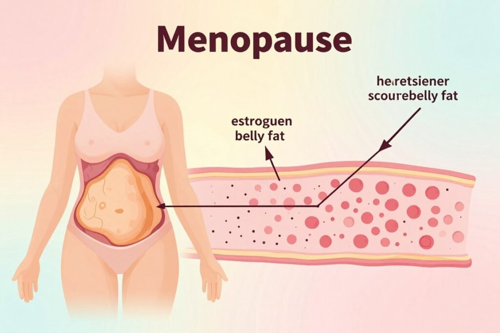 A scientific illustration depicting the biology of menopause-related belly fat. In the foreground, a diagram of the female body highlighting the abdominal area, using soft colors to indicate fat accumulation. In the middle ground, visualized hormonal changes, with arrows showing the impact of estrogen levels on fat distribution, overlaying textural elements resembling tissue. The background features a gentle gradient of pastel colors, suggesting a calm, informative atmosphere. Warm, diffused lighting casts a soft glow on the scene, enhancing clarity and focus. The overall mood is educational and professional, aimed at promoting understanding of the physiological processes involved in menopause. The illustration should be clean and structured, avoiding any clutter or distractions.