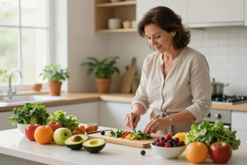 A serene kitchen environment focused on healthy nutritional strategies for menopause belly fat reduction. In the foreground, a table is elegantly set with vibrant, fresh fruits and vegetables, such as avocados, berries, and leafy greens, arranged artfully in bowls. In the middle ground, a middle-aged woman in professional attire is preparing a healthy dish, showcasing a sense of empowerment and focus, with a gentle smile on her face. The background features soft, natural light streaming through a window, illuminating a clean kitchen space filled with potted herbs. The atmosphere is calm and uplifting, conveying a message of well-being and determination in managing menopause belly fat through nutrition. Shot with a soft-focus lens for a warm, inviting feel.