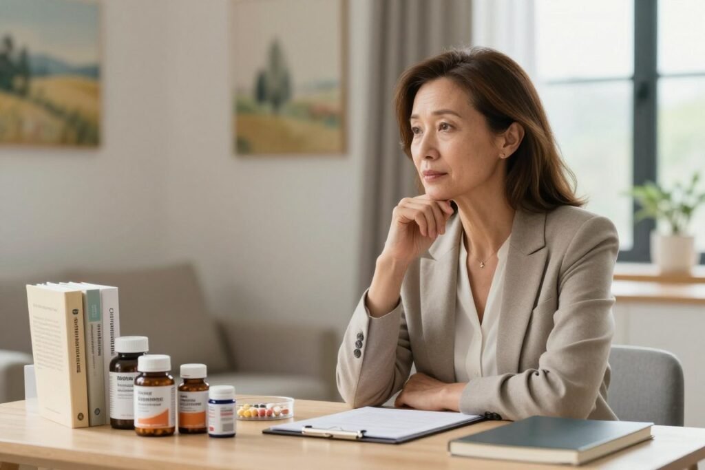 A well-lit, serene consultation room featuring a middle-aged woman in professional business attire, seated at a table with various health supplements and medical textbooks displayed beside her. The woman looks thoughtful and engaged, symbolizing a proactive approach to managing menopause-related issues. In the background, soft-focus images of nature or calming art create a tranquil atmosphere. Natural light pours in from a window, casting a gentle glow that enhances the warm tones of the room. The angle captures both the woman and the array of health tools, conveying empowerment and the importance of informed decision-making in women's health during menopause.